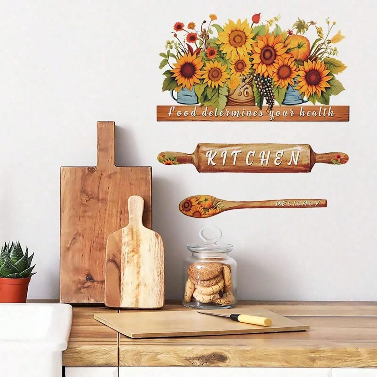 1pc Creative Warm Sunflower Potted Plant KITCHEN Wall Sticker Home Decor Self-Adhesive Wallpaper