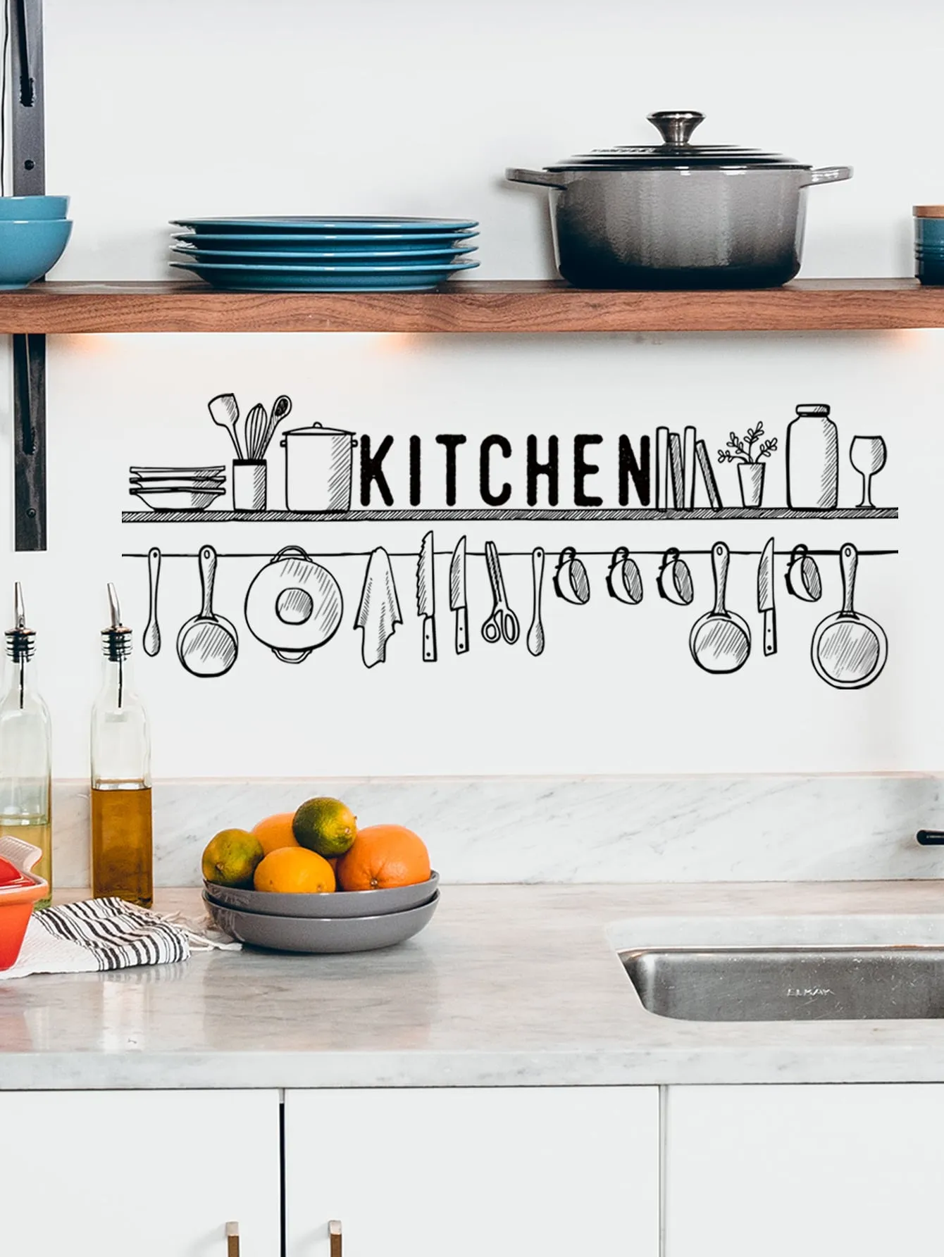 1pc Letter Graphic Kitchen Sticker, Black PVC Wall Art Decal For Home Decor