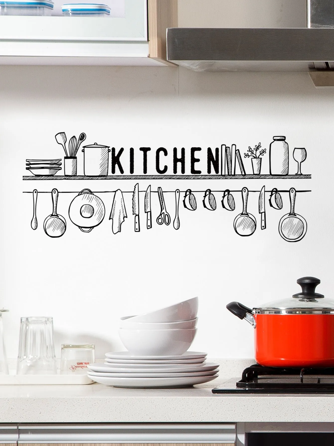 1pc Letter Graphic Kitchen Sticker, Black PVC Wall Art Decal For Home Decor