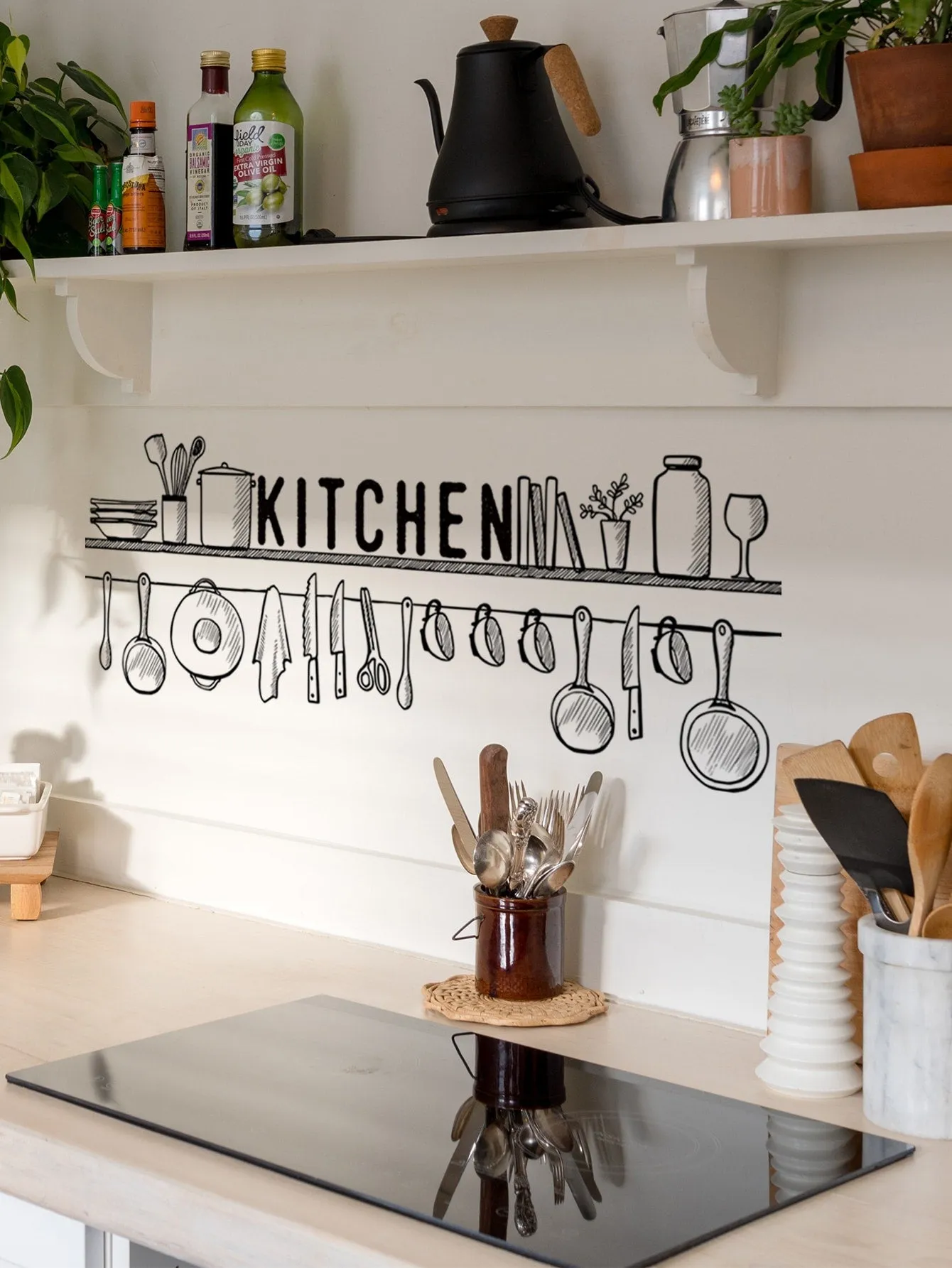 1pc Letter Graphic Kitchen Sticker, Black PVC Wall Art Decal For Home Decor