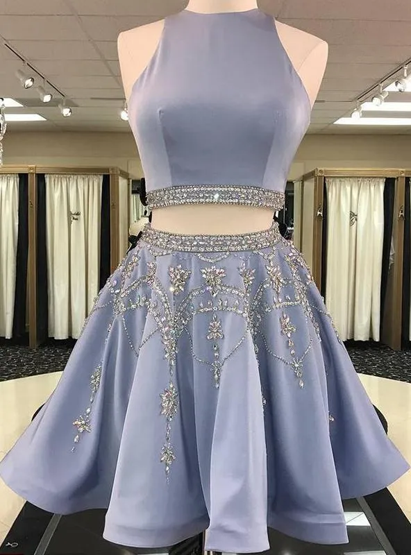 2024 A-Line Neck Sleeveless Cut Two Piece Homecoming Dresses Cut Short Mini Prom Dress