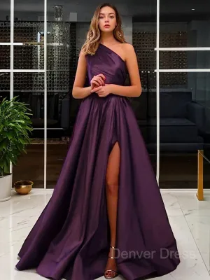 A-Line One-Shoulder Sweep Train Satin Prom Dresses With Leg Slit