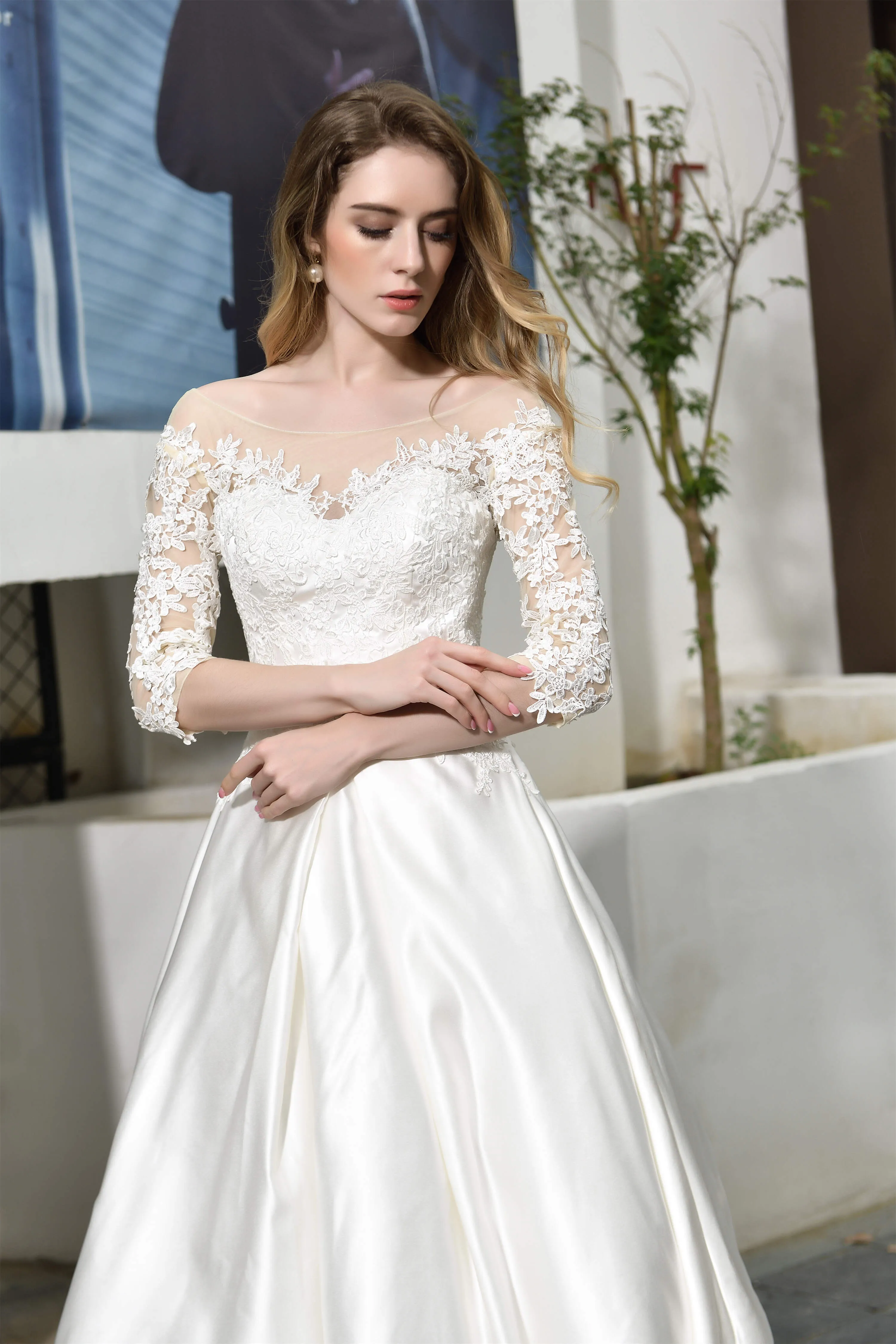 A-Line Satin Lace 3/4 Sleeves Ankle Length Wedding Dresses