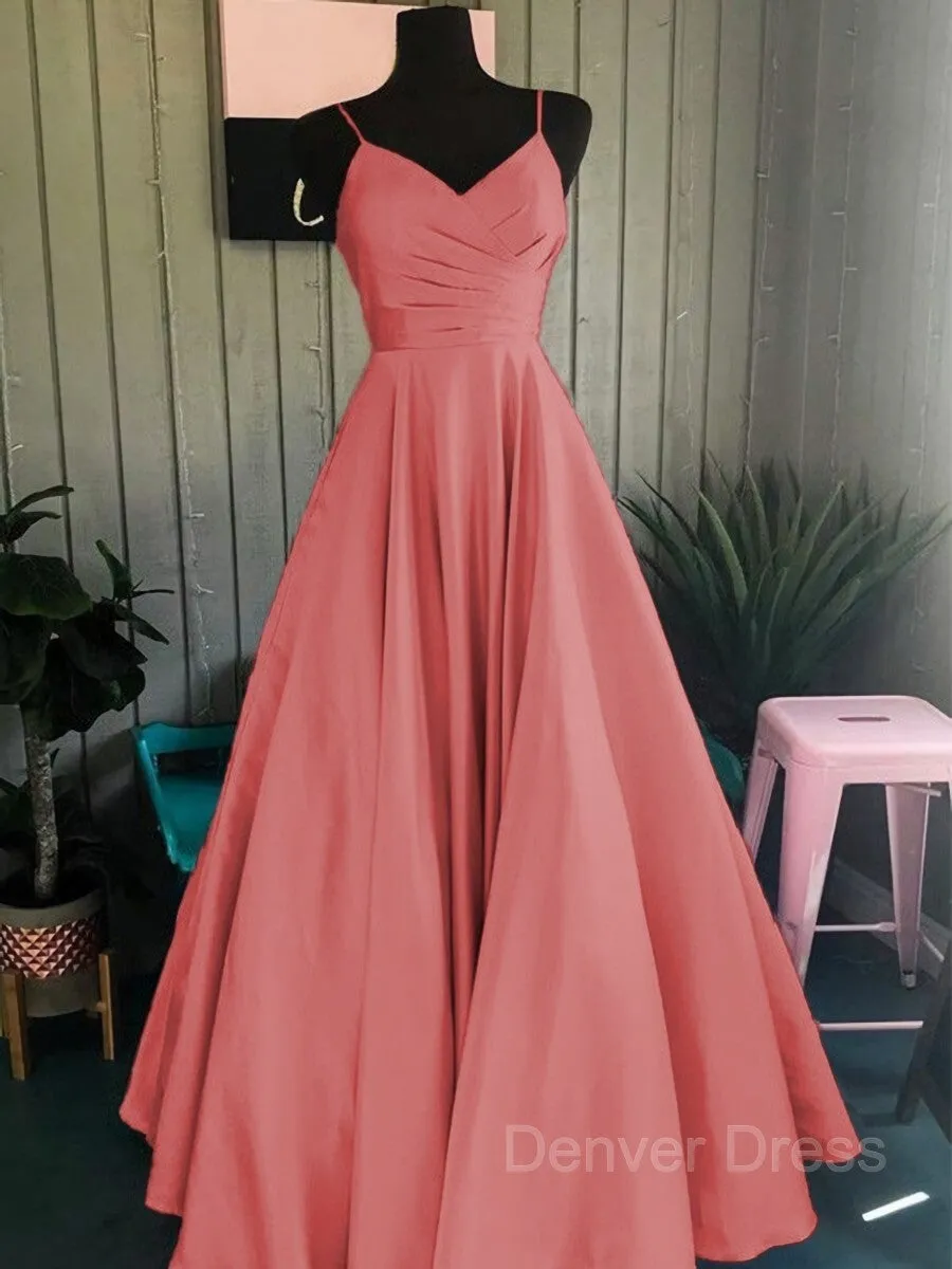 A-Line Spaghetti Straps Floor-Length Satin Prom Dresses With Ruffles