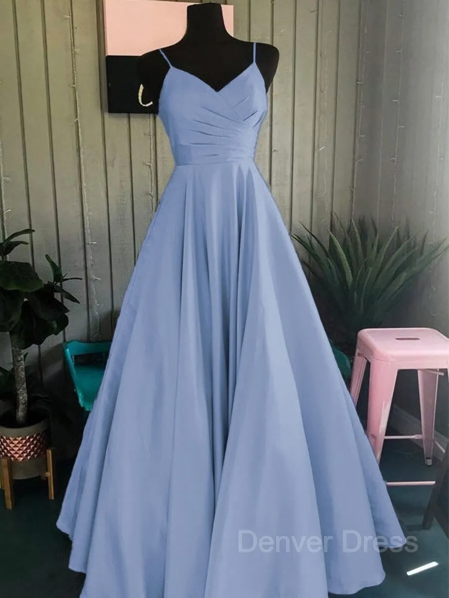 A-Line Spaghetti Straps Floor-Length Satin Prom Dresses With Ruffles