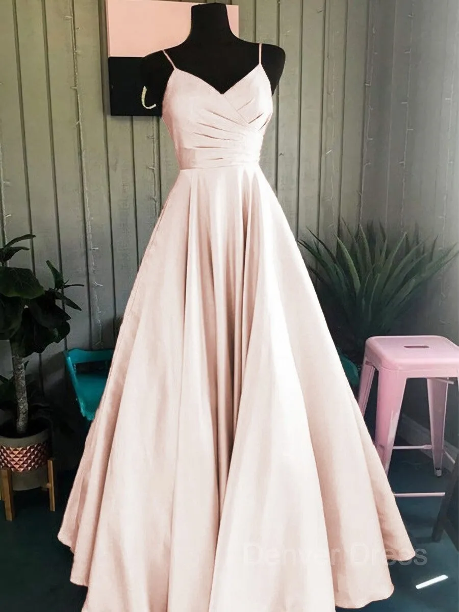 A-Line Spaghetti Straps Floor-Length Satin Prom Dresses With Ruffles