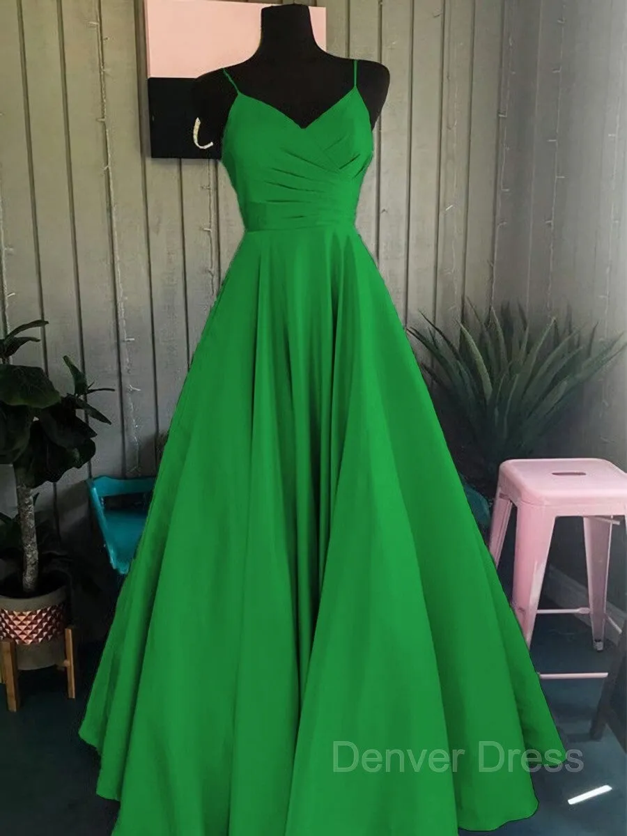 A-Line Spaghetti Straps Floor-Length Satin Prom Dresses With Ruffles