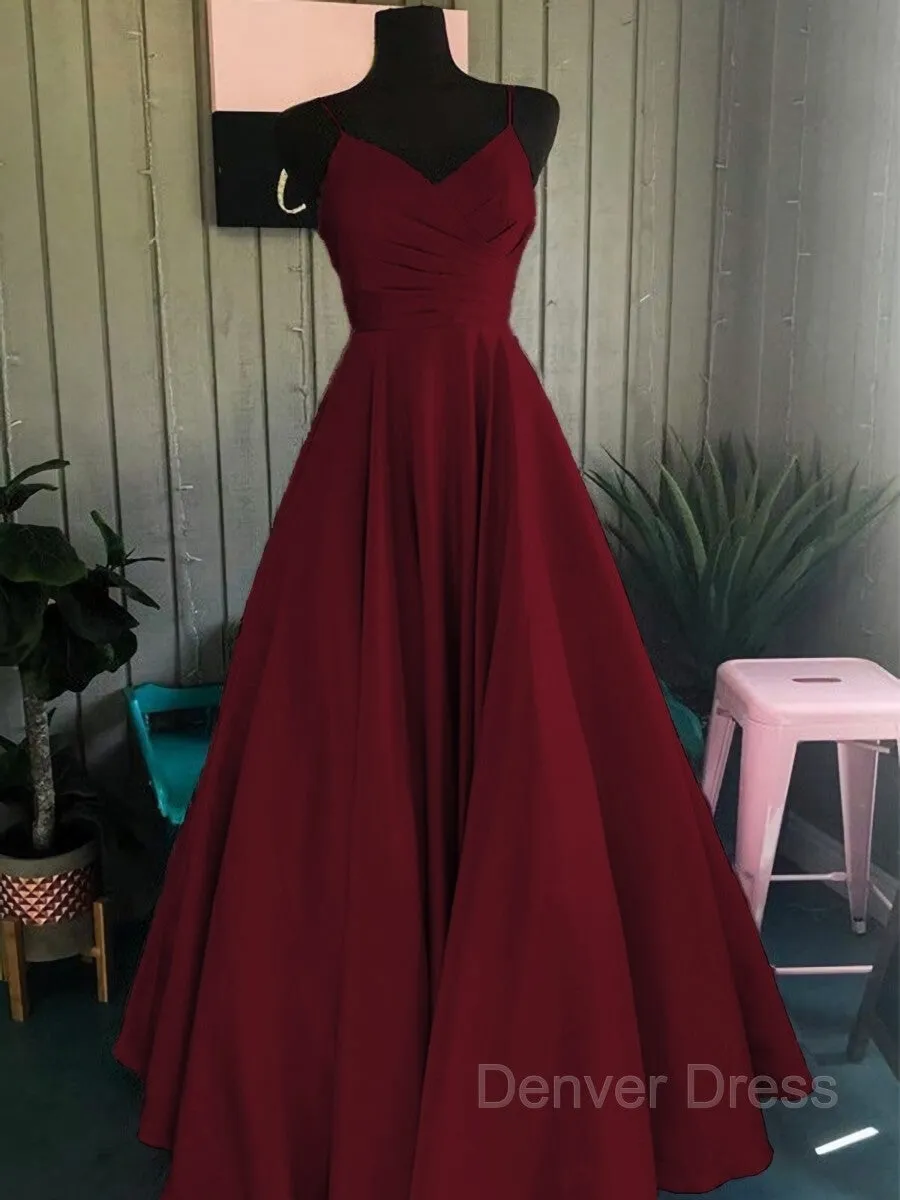 A-Line Spaghetti Straps Floor-Length Satin Prom Dresses With Ruffles