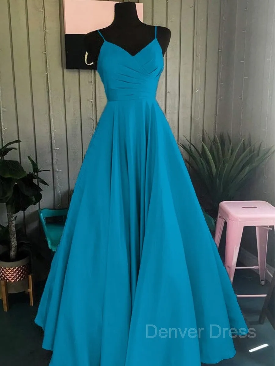 A-Line Spaghetti Straps Floor-Length Satin Prom Dresses With Ruffles