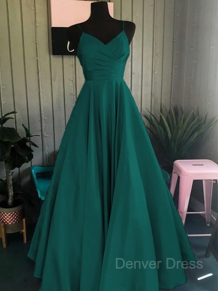 A-Line Spaghetti Straps Floor-Length Satin Prom Dresses With Ruffles