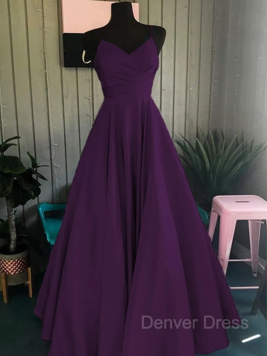 A-Line Spaghetti Straps Floor-Length Satin Prom Dresses With Ruffles