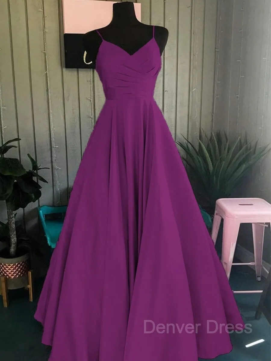 A-Line Spaghetti Straps Floor-Length Satin Prom Dresses With Ruffles