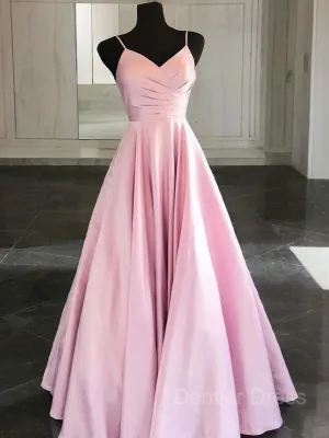 A-Line Spaghetti Straps Floor-Length Satin Prom Dresses With Ruffles