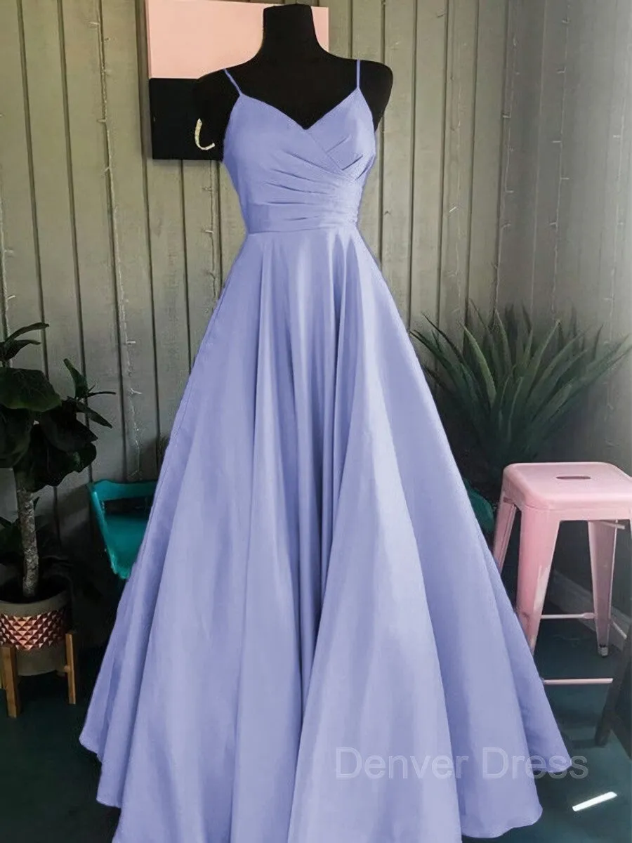 A-Line Spaghetti Straps Floor-Length Satin Prom Dresses With Ruffles