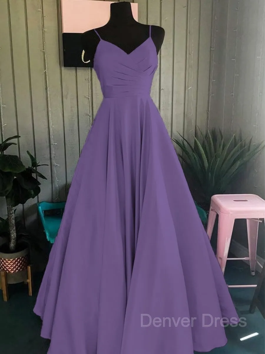 A-Line Spaghetti Straps Floor-Length Satin Prom Dresses With Ruffles