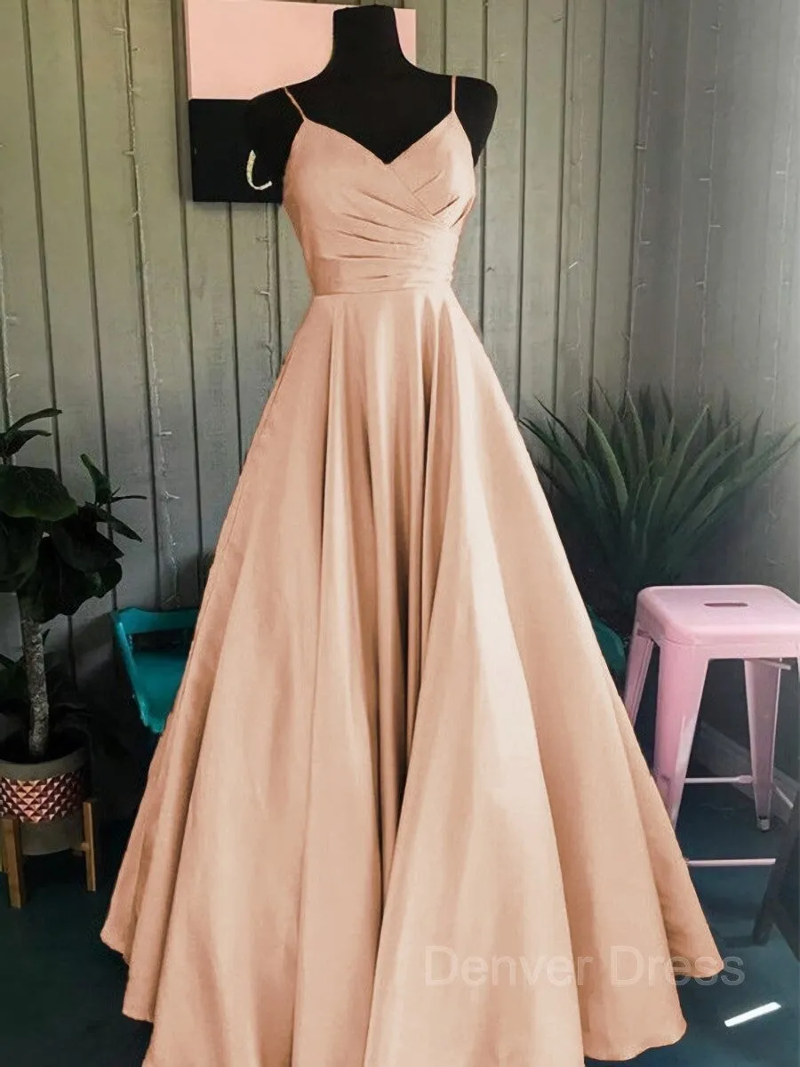 A-Line Spaghetti Straps Floor-Length Satin Prom Dresses With Ruffles