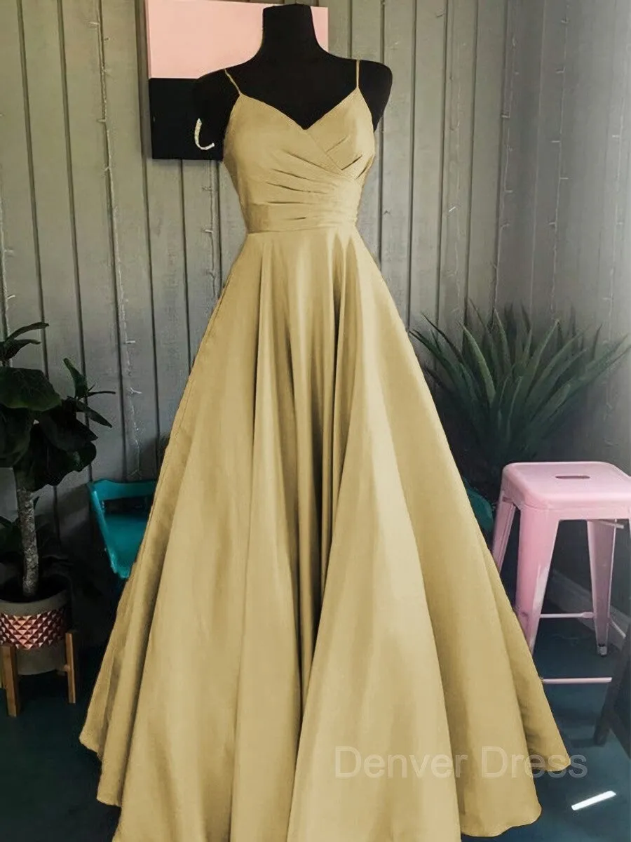 A-Line Spaghetti Straps Floor-Length Satin Prom Dresses With Ruffles