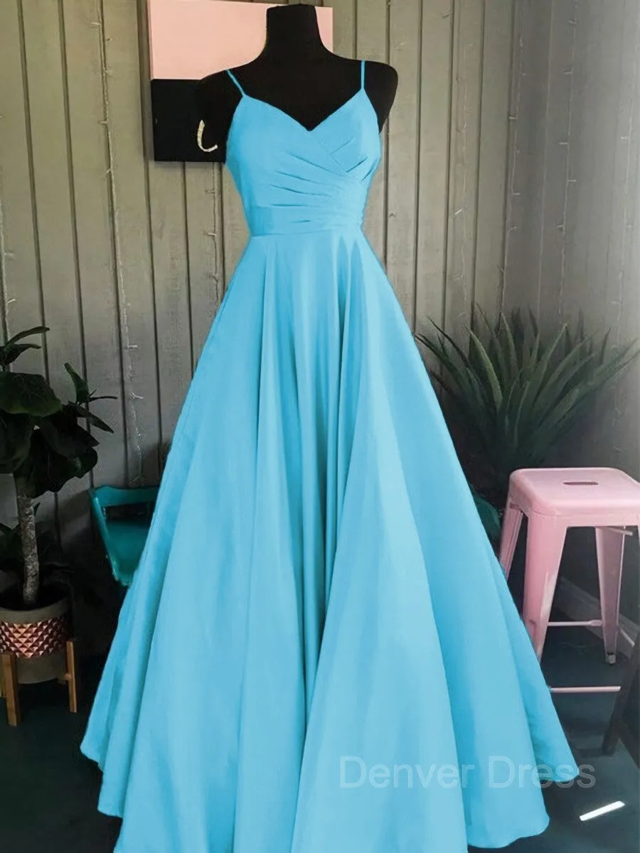 A-Line Spaghetti Straps Floor-Length Satin Prom Dresses With Ruffles