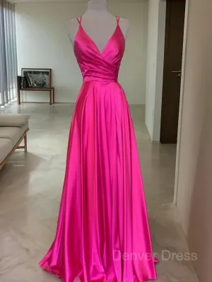 A-Line V-neck Sweep Train Elastic Woven Satin Prom Dresses