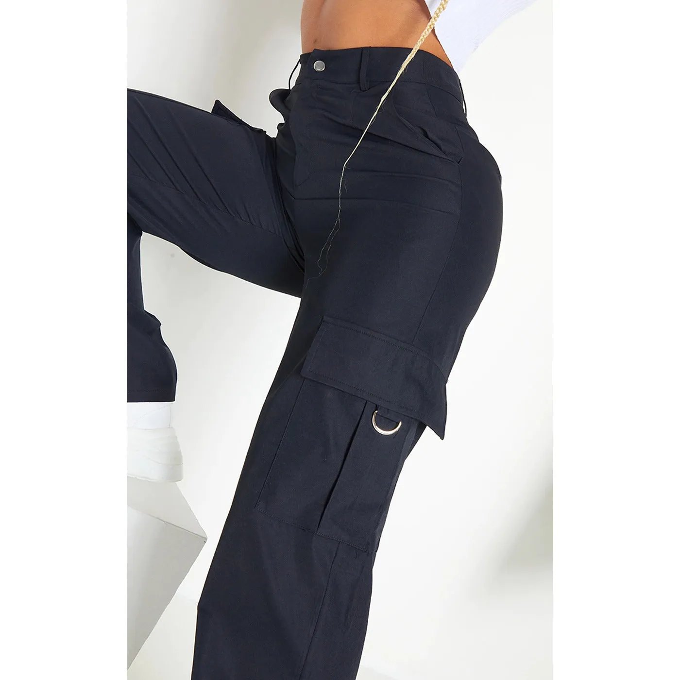 Black Buckle Detailed Cargo Trousers