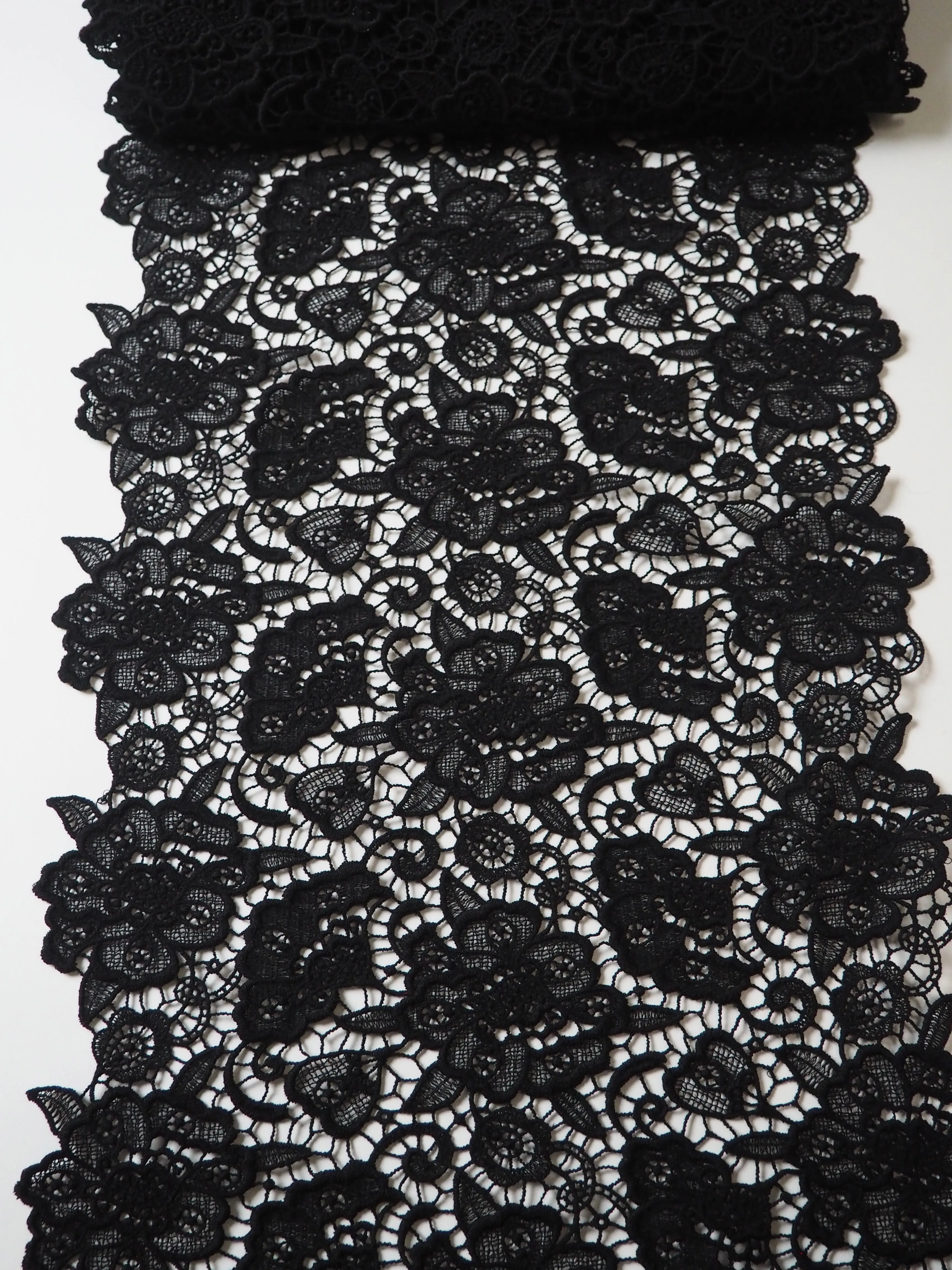 Black Floral Guipure Lace Trim 33cm