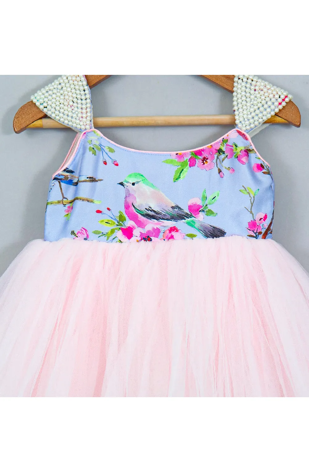 Blue And Pink Bird Printed With Pearls Detailing Net Dress