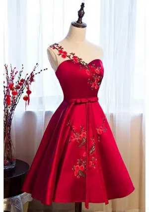 Burgundy Satin Homecoming Dresses With Applique