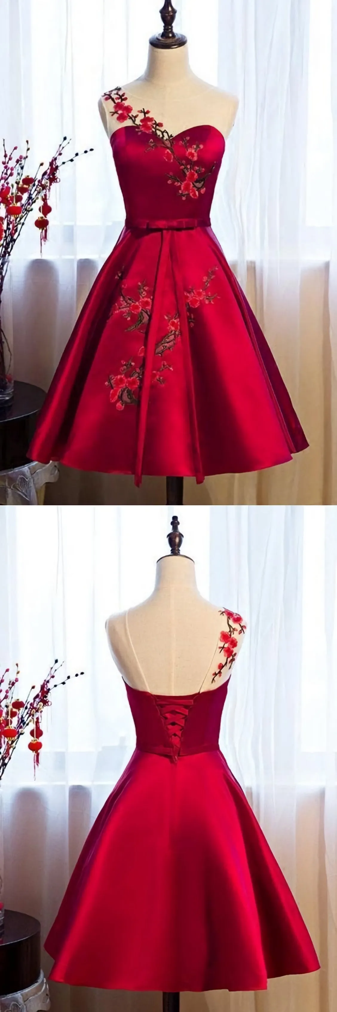 Burgundy Satin Homecoming Dresses With Applique