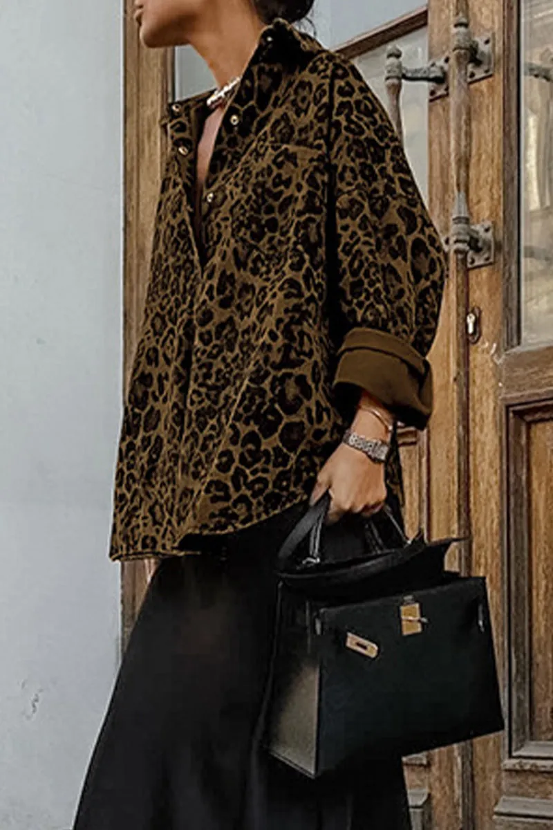 Casual Street Leopard Print Buttons Turndown Collar Blouses