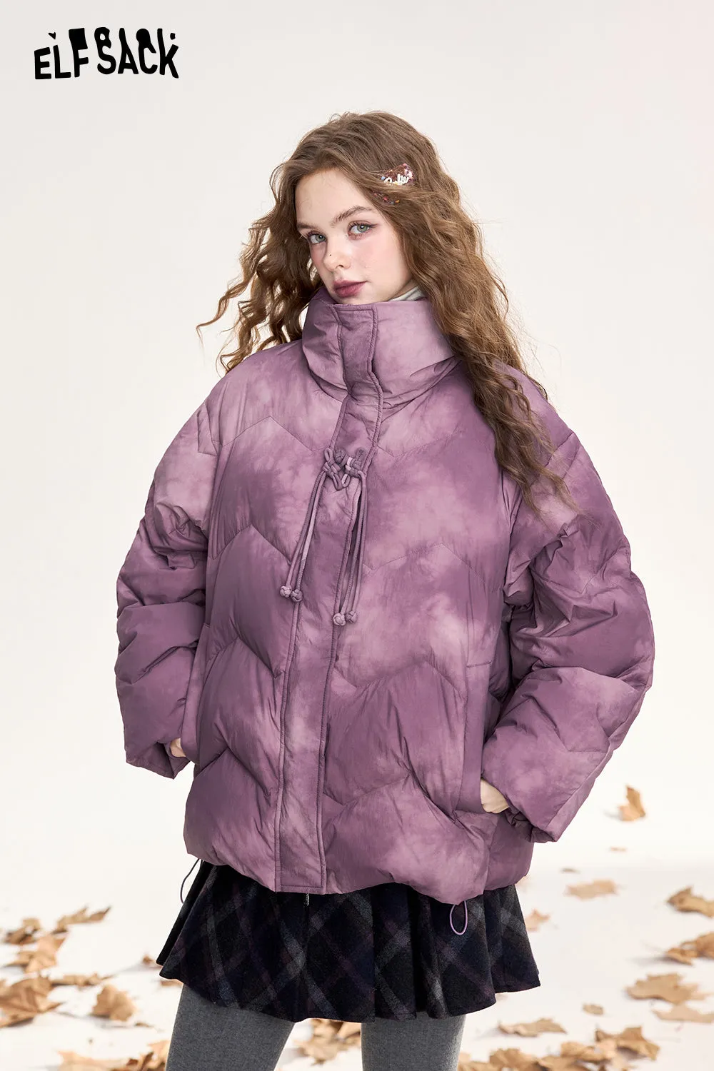 ELFSACK 2024 Winter New Arrivals Retro gradient purple frog design short down jacket for women