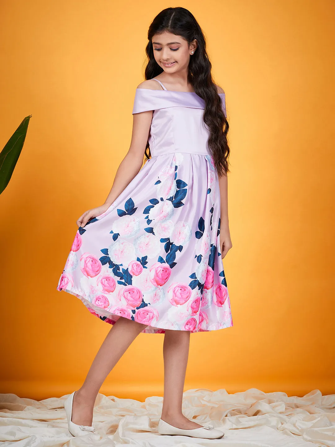 Girls Floral Printed Cold Shoulder Pleated Satin Fit Flare Dress