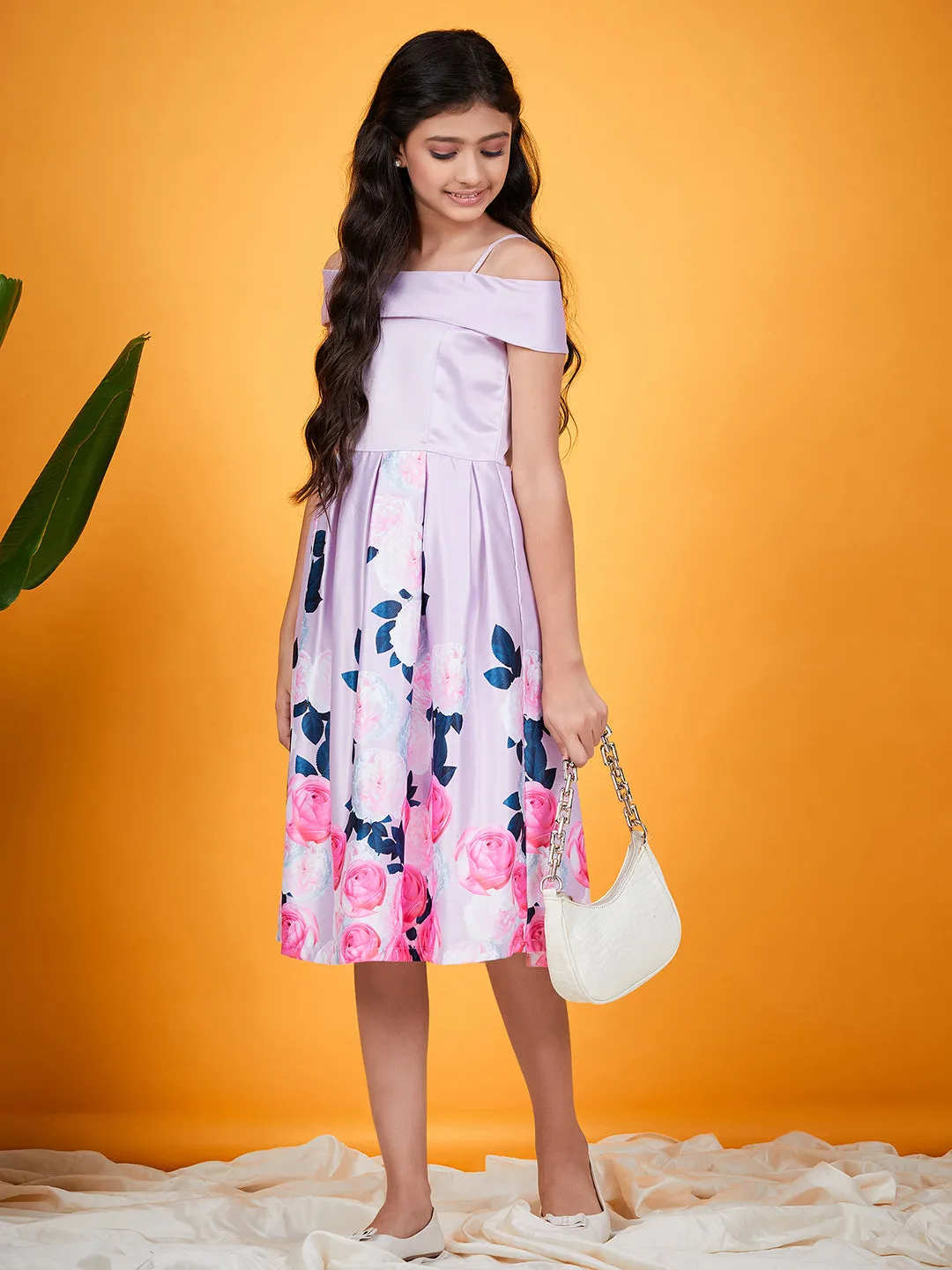 Girls Floral Printed Cold Shoulder Pleated Satin Fit Flare Dress