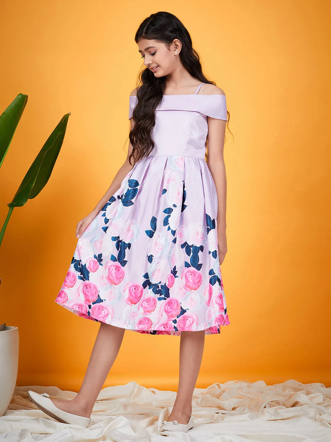 Girls Floral Printed Cold Shoulder Pleated Satin Fit Flare Dress