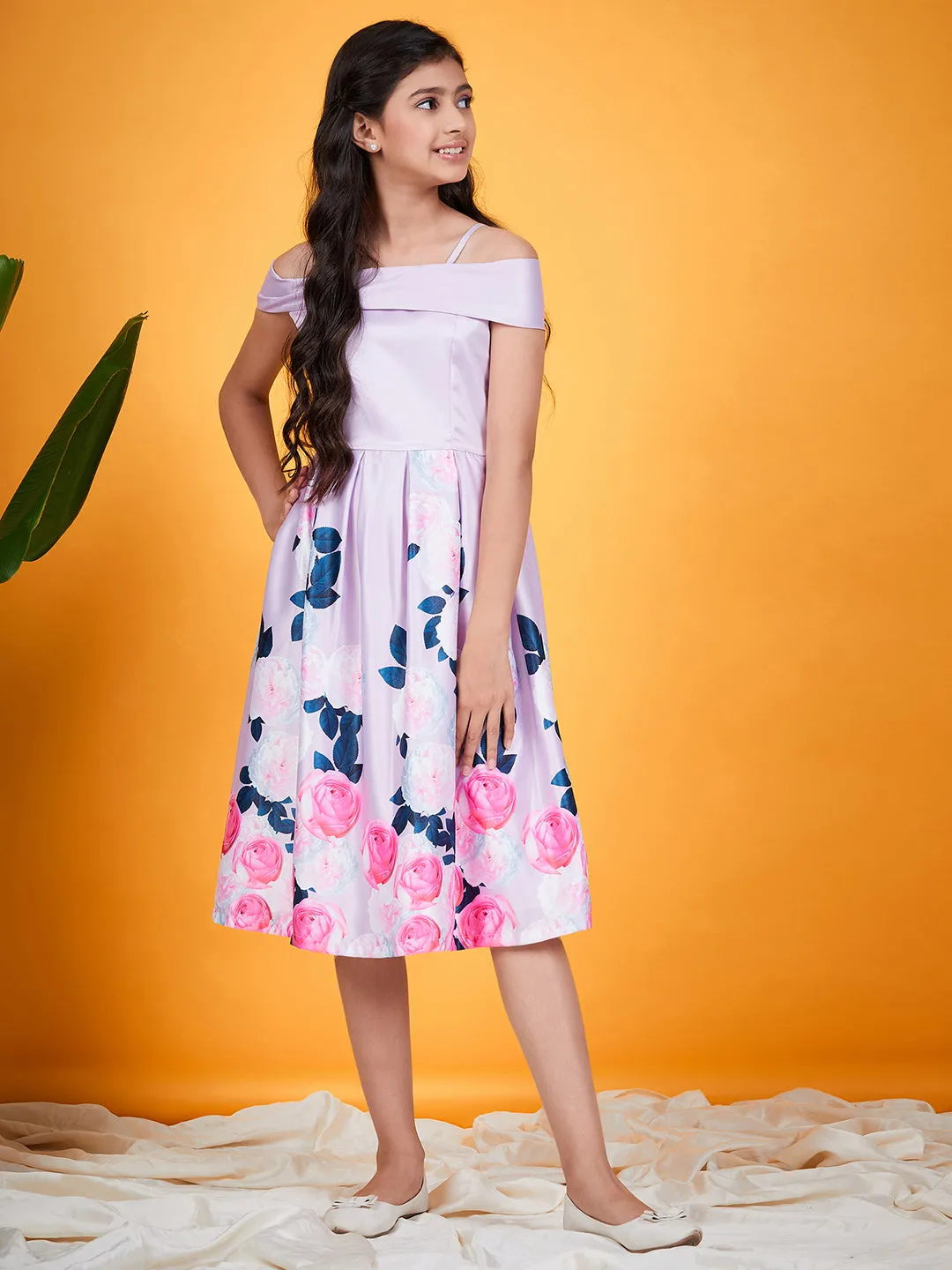 Girls Floral Printed Cold Shoulder Pleated Satin Fit Flare Dress