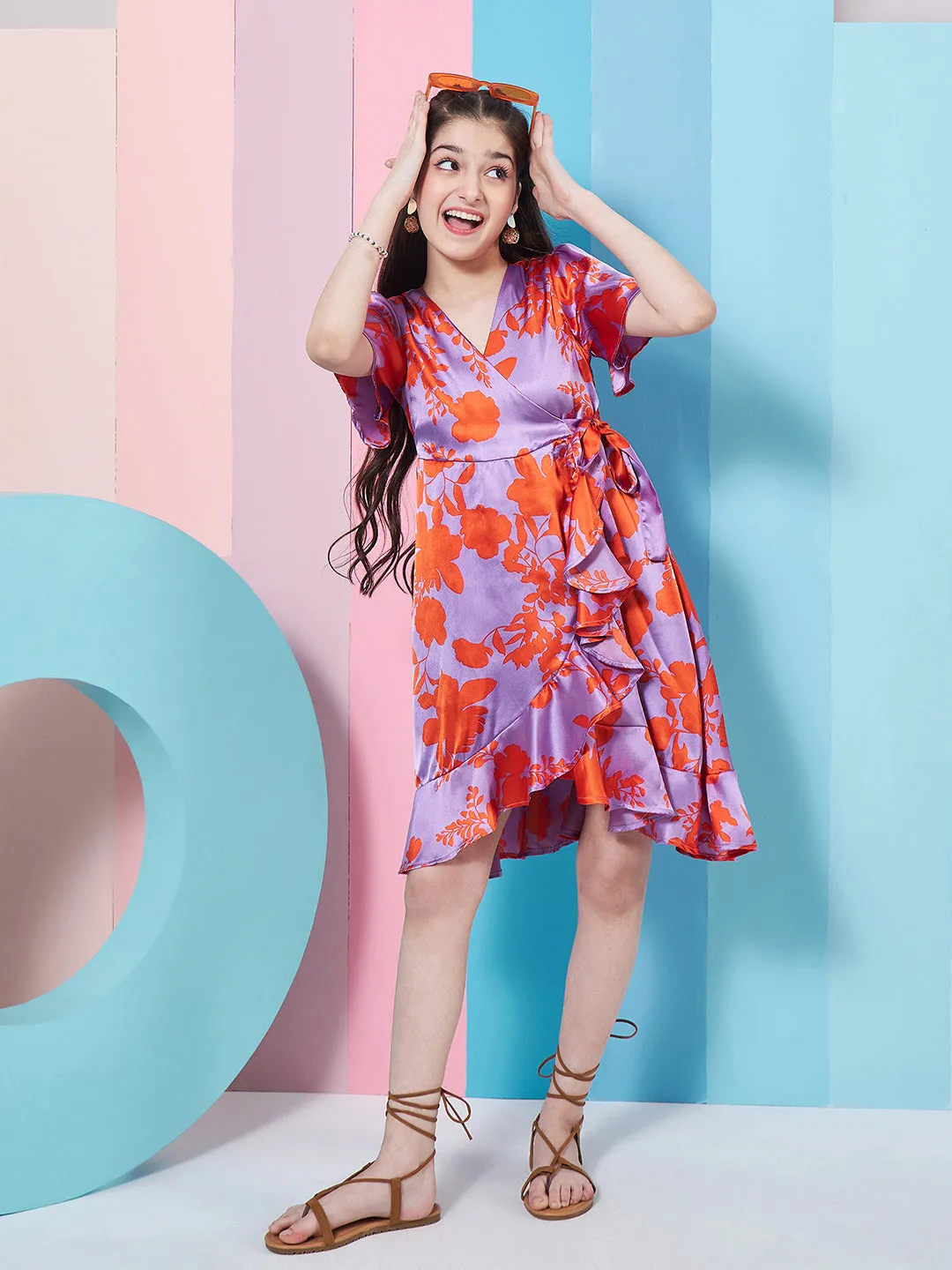 Girls Floral Printed Flutter Sleeve Satin Wrap Dress