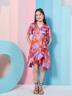 Girls Floral Printed Flutter Sleeve Satin Wrap Dress