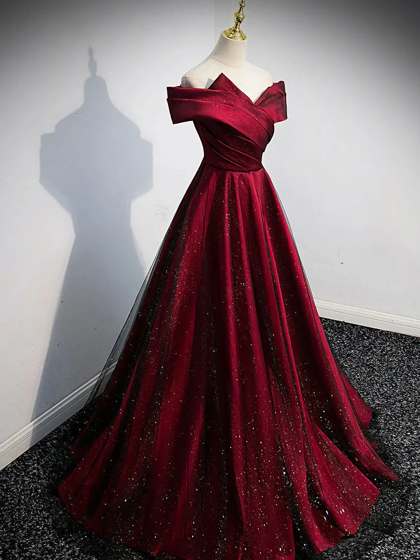 Gorgeous Wine Red Satin Off Shoulder Party Dress , Wine Red Prom Dresses