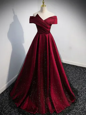 Gorgeous Wine Red Satin Off Shoulder Party Dress , Wine Red Prom Dresses