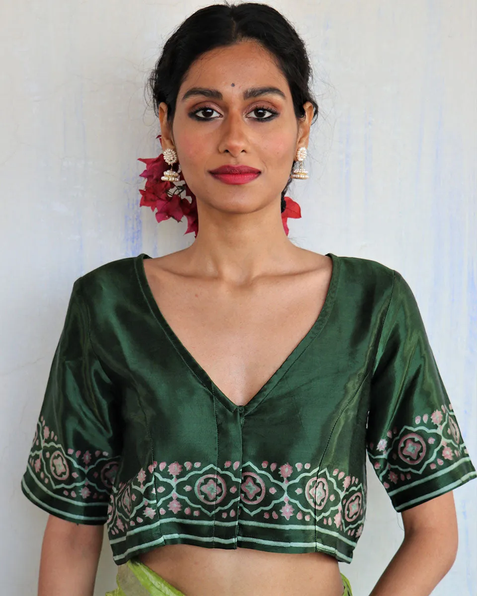 Green Blockprinted Mashru Silk Blouse