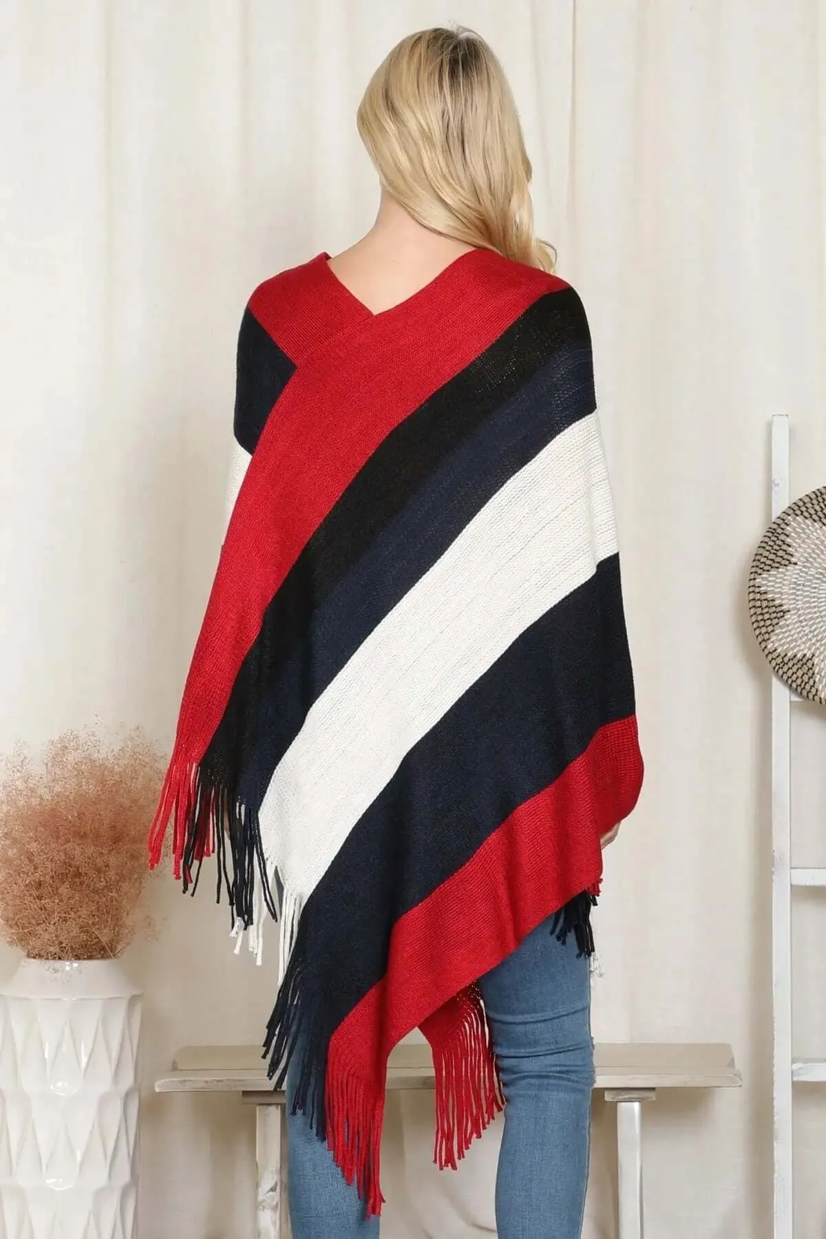 Hdf2099 - Color Block Fringe Poncho