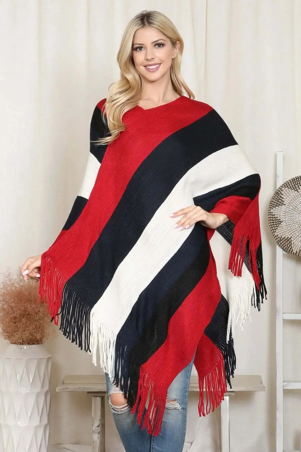 Hdf2099 - Color Block Fringe Poncho