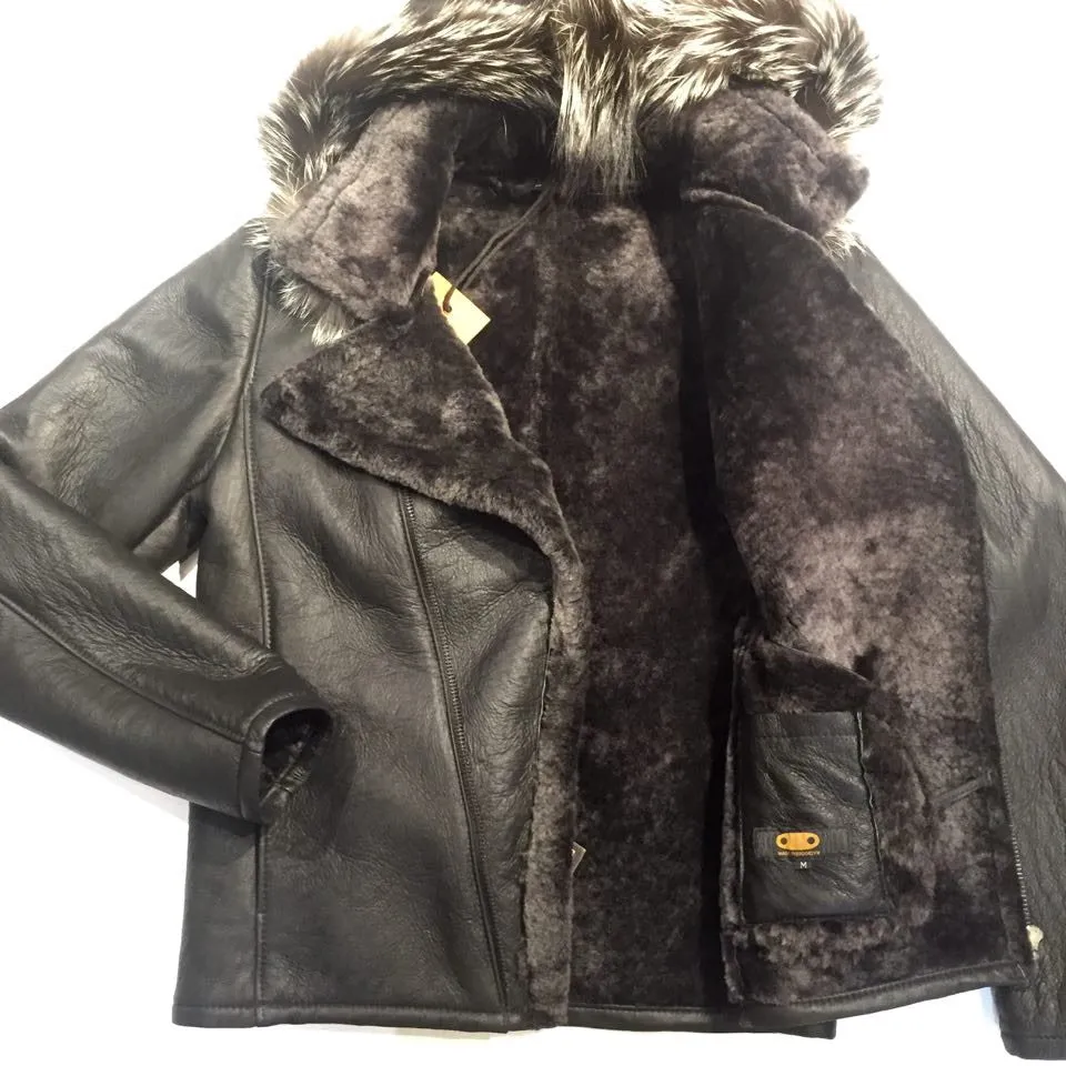 Jakewood Biker Shearling Jacket w/ Silver Fox Trim