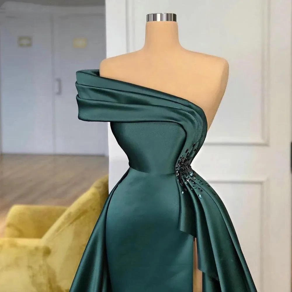 kamahe Long Dark Green Satin Prom Dresses Elegant Split Evening Gowns