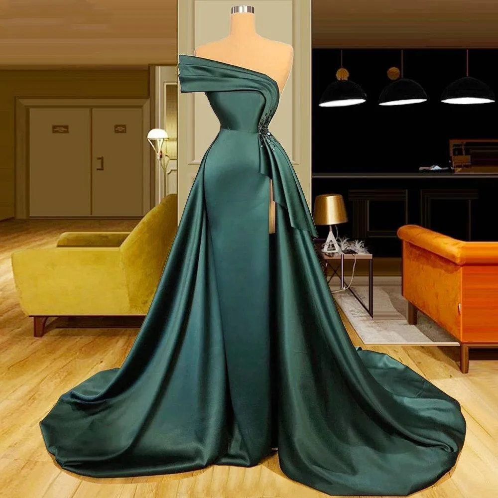 kamahe Long Dark Green Satin Prom Dresses Elegant Split Evening Gowns