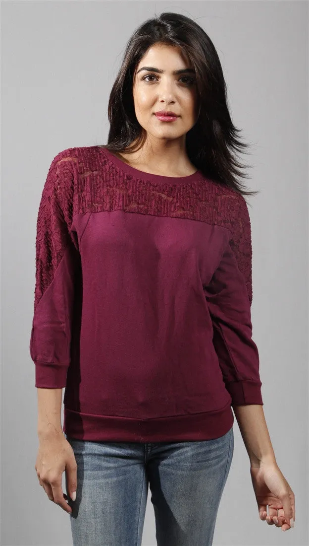 Kimberlina 3/4 Sleeve Top w/ Lace Insert in Burgundy