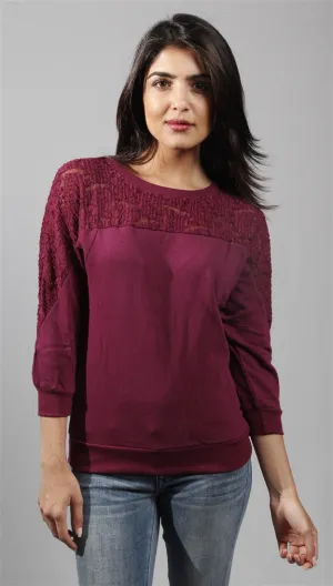 Kimberlina 3/4 Sleeve Top w/ Lace Insert in Burgundy