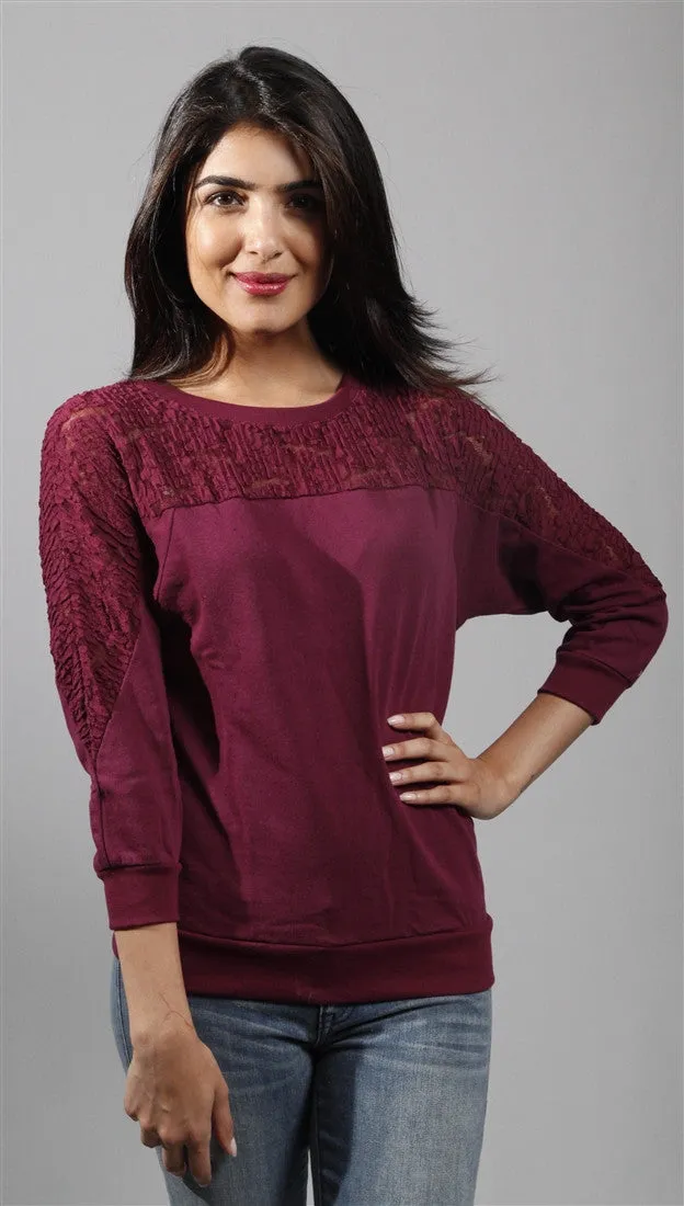 Kimberlina 3/4 Sleeve Top w/ Lace Insert in Burgundy