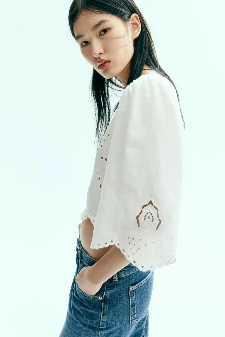 Linen blend blouse with embroidery H&M, white