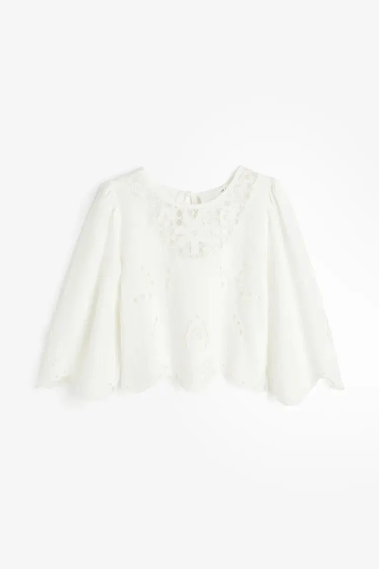 Linen blend blouse with embroidery H&M, white