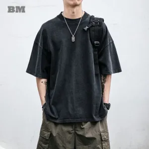 Loose Distressed Casual Solid Color Short Sleeve Men Retro Couple Clothes